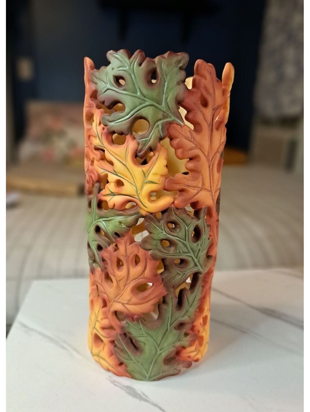 Vtg Partylite Whispering Leaves Pillar Lantern Cutout Autumn Leaf Design 9.5"